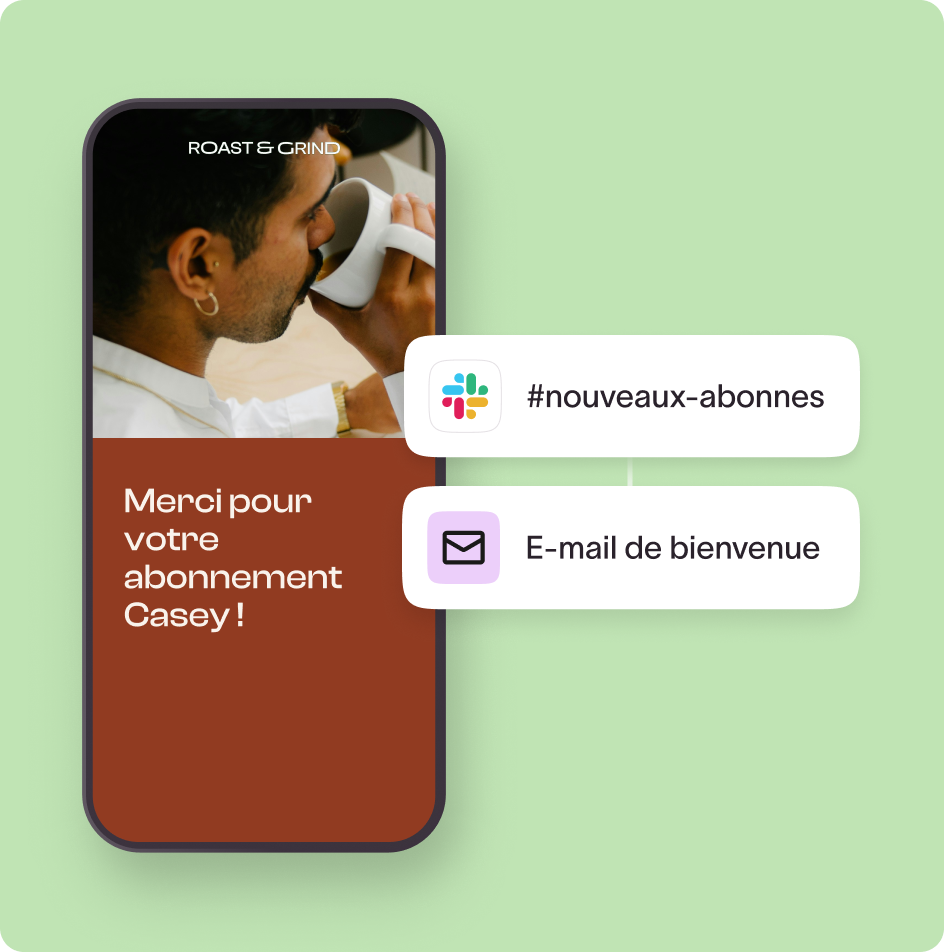 Smartphone screen showing a man drinking coffee and text in French saying thanks for subscribing, with icons for new subscribers and welcome email.