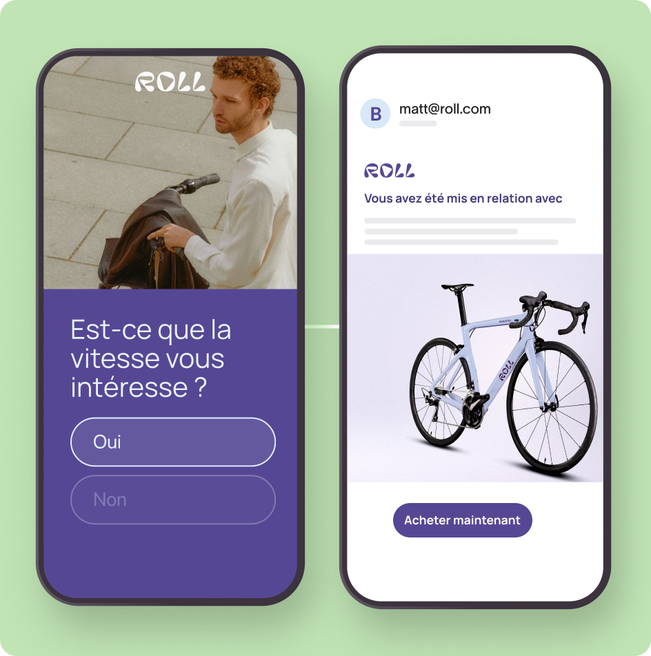 Two smartphone screens: Left screen shows a man with a bike and a poll asking "Are you interested in speed?" with Yes and No options; right screen displays an email with a picture of a modern road bike and a 'Buy now' button.